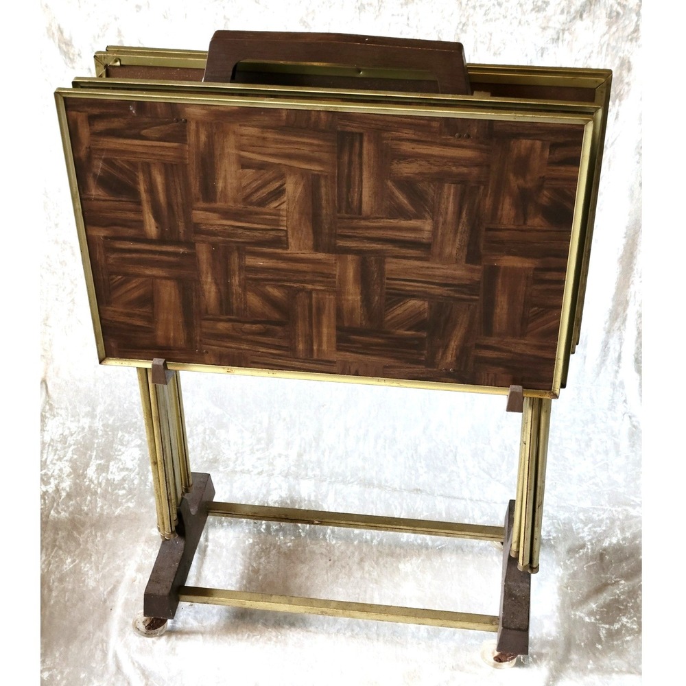 Vtg MCM Faux Wood Parquet Folding TV Tray Tables Set of 4 with Rack & Wheels